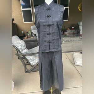 Vintage Black Sleeveless Silk Top and Wraparound Pants Set